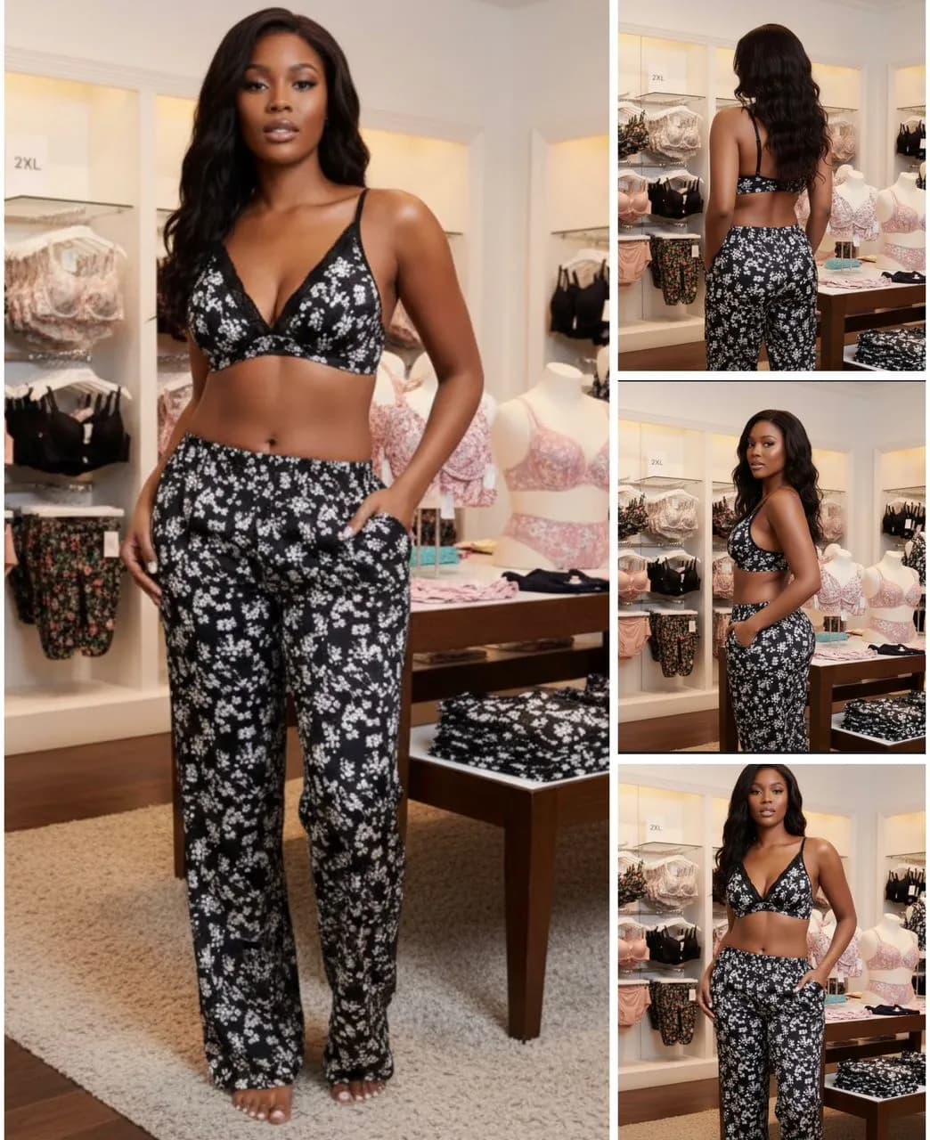 Le produit Ensemble Pyjama Femme Noir Fleuri – Brassière & Pantalon Long