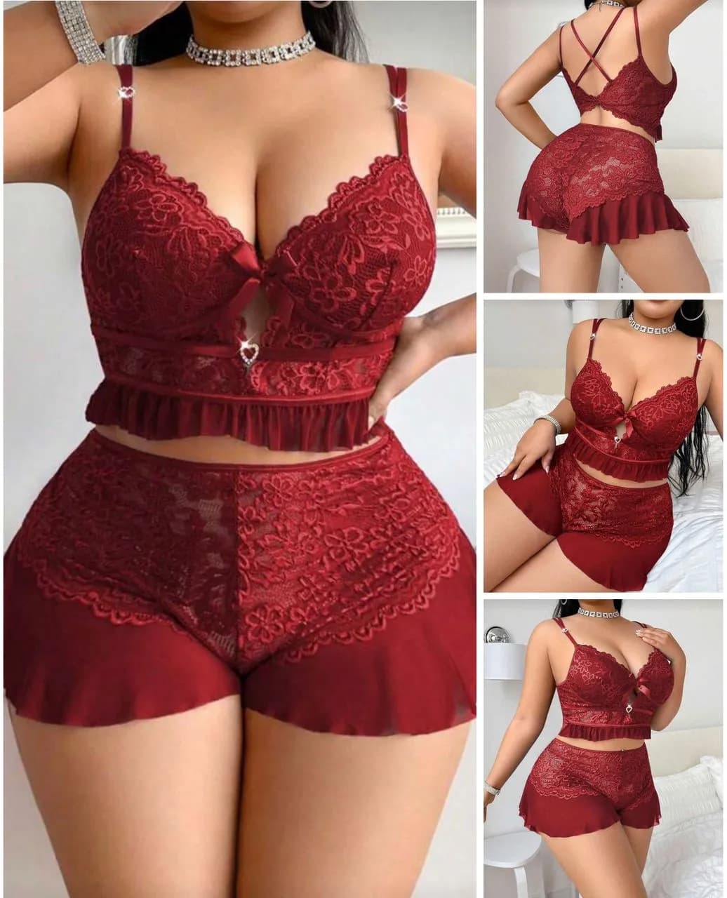 Le produit Ensemble Lingerie Bordeaux 2 Pièces – Dentelle & Short Élégant