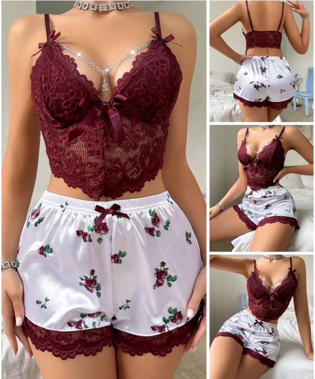 Le produit Ensemble lingerie 2 pièces violet et blanc avec haut en dentelle et short imprimé. Léger, élégant et confortable pour la nuit.